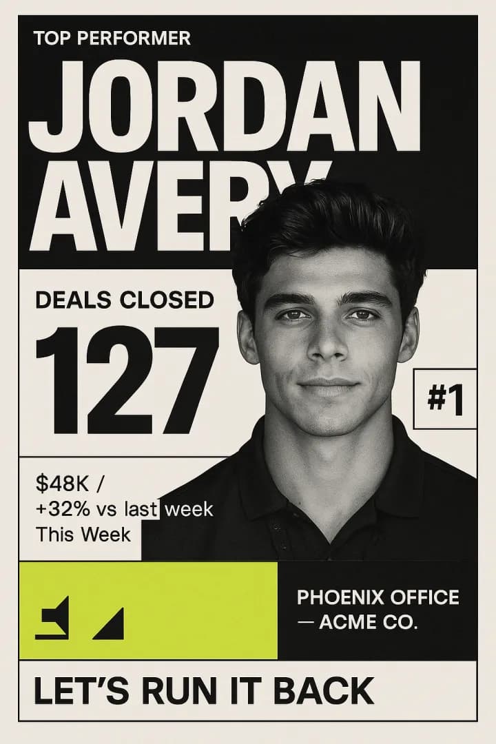 Top-performer shoutout for a rep named Jordan Avery as a black-and-white poster with a lime accent