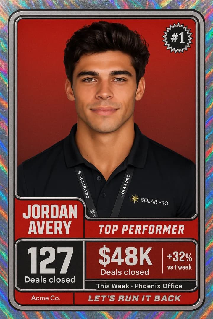 Top-performer shoutout for Jordan Avery styled as a holographic sports trading card